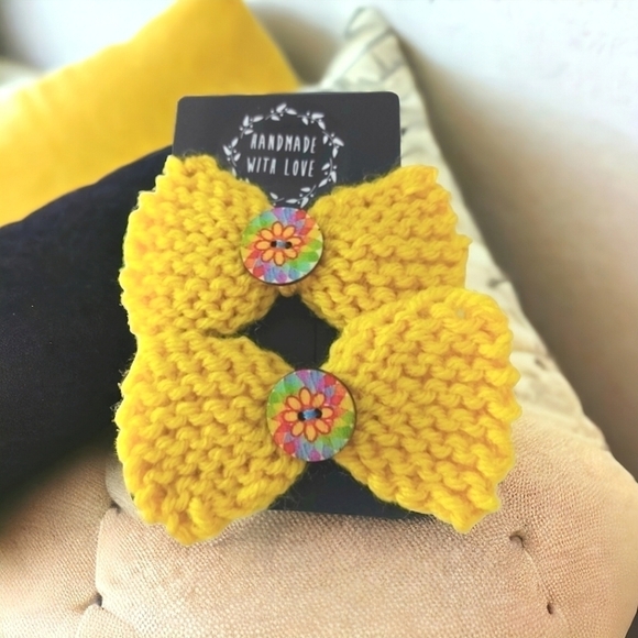 Custom Knit Mustard Yellow Bow Ponytail Holders - Picture 1 of 3